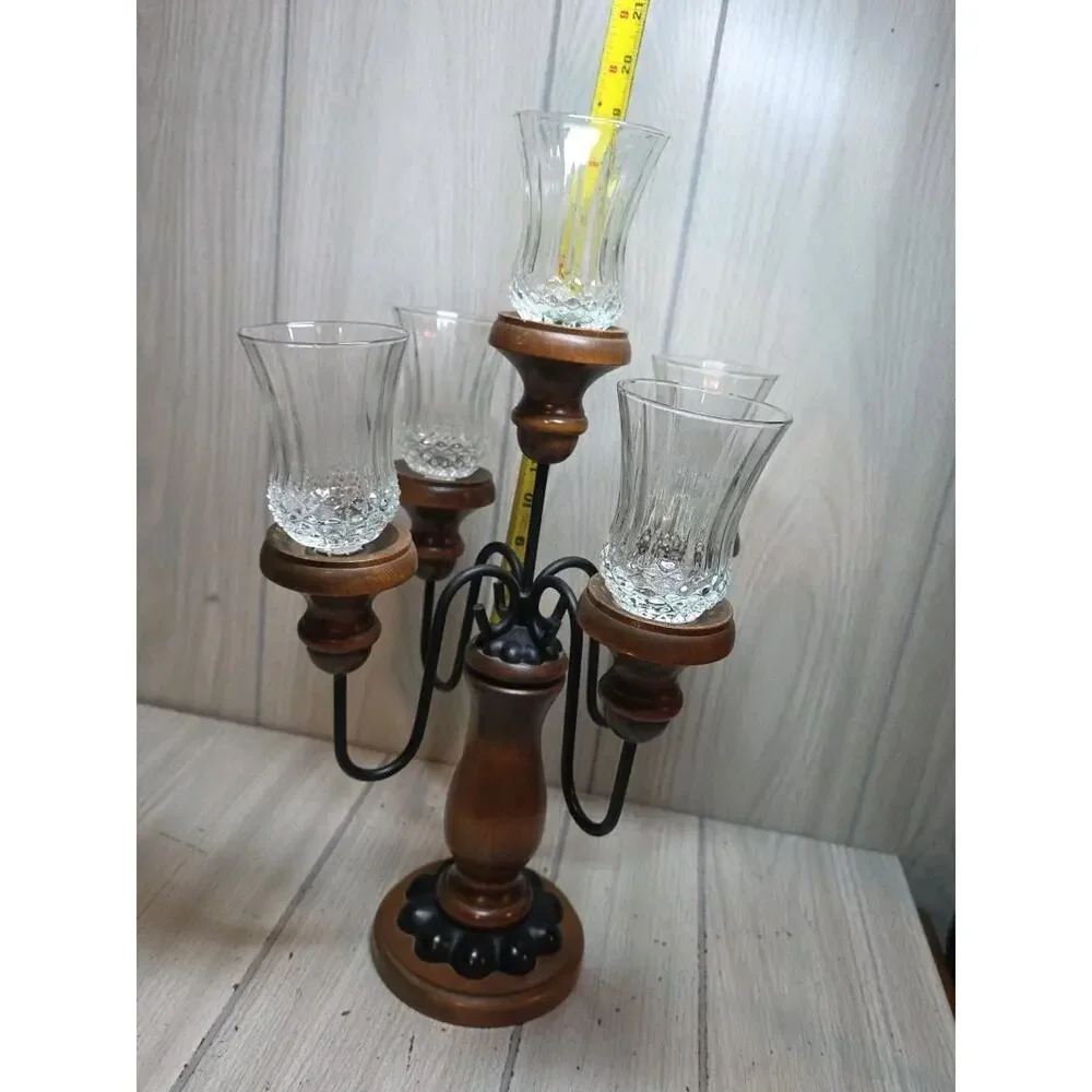 Vtg 60s/70s Wood And Wrought Iron Candelabra 5 Arm Gothic Candle Votives 19.5”